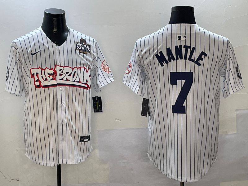 Men New York Yankees 7 Mantle White Stripe four generations Joint Name 2025 Nike MLB Jersey style 3
